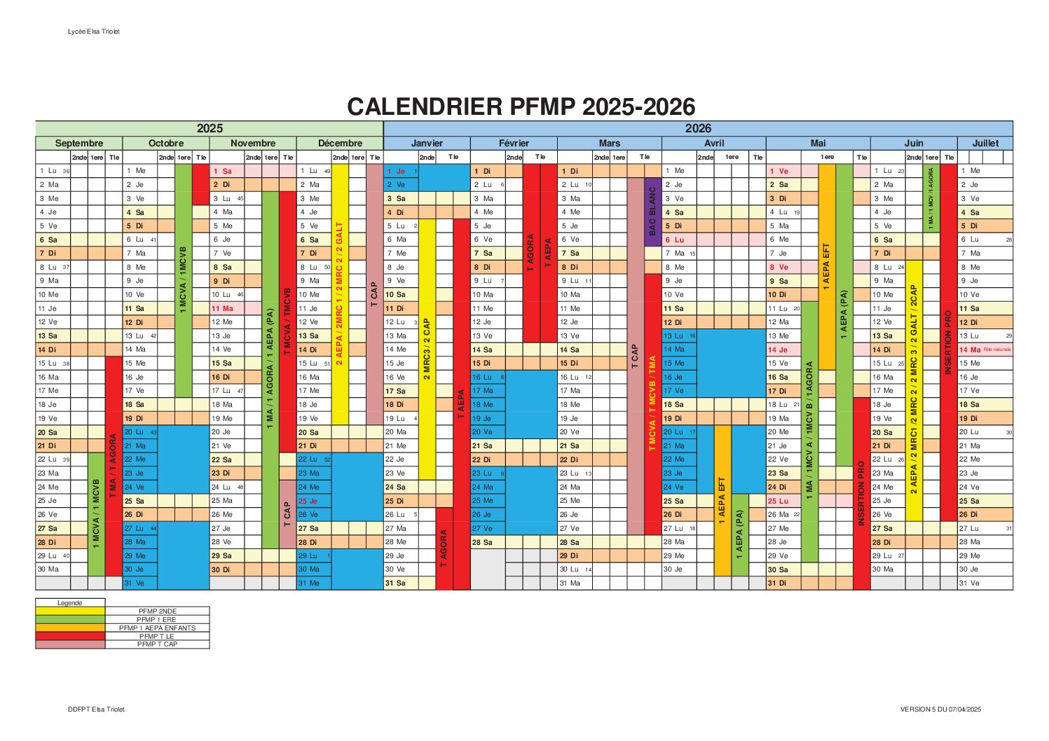 Calendrier PFMP 2025-2026