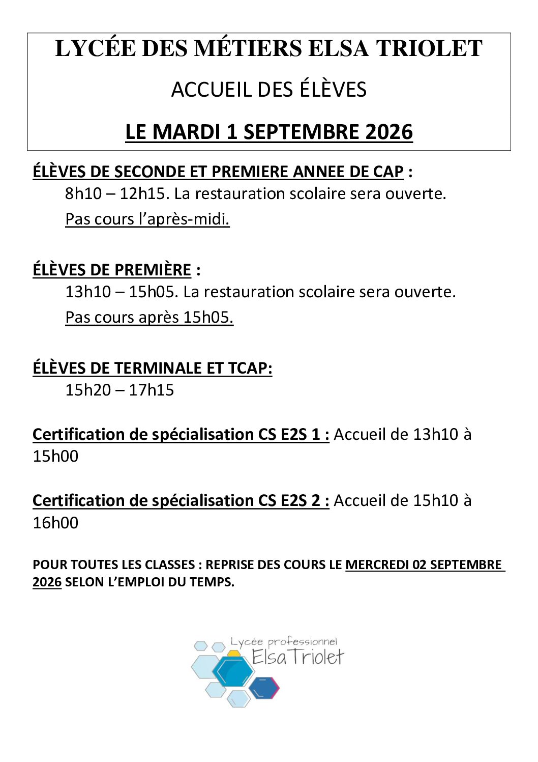 Rentrée des élèves – Mardi 1er septembre 2026